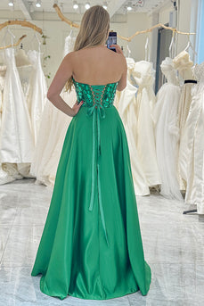 Sparkly Dark Green A-line Strapless Corset Prom Dress