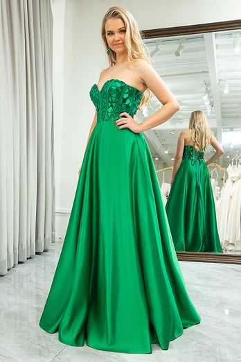 Sparkly A-line Dark Green Strapless Corset Prom Dress