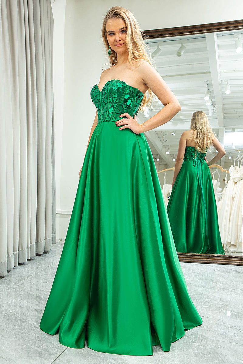 Load image into Gallery viewer, Sparkly A-line Dark Green Strapless Corset Prom Dress