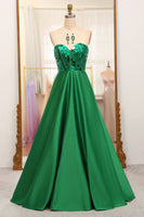 Load image into Gallery viewer, Dark Green Sparkly A-line Strapless Corset Prom Dress