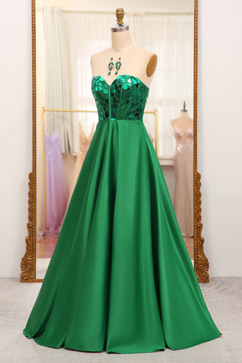 Dark Green Sparkly A-line Strapless Corset Prom Dress
