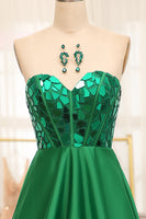 Load image into Gallery viewer, Dark Green Sparkly A-line Strapless Corset Prom Dress