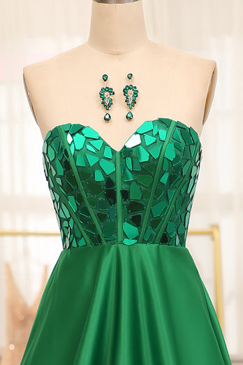 Dark Green Sparkly A-line Strapless Corset Prom Dress