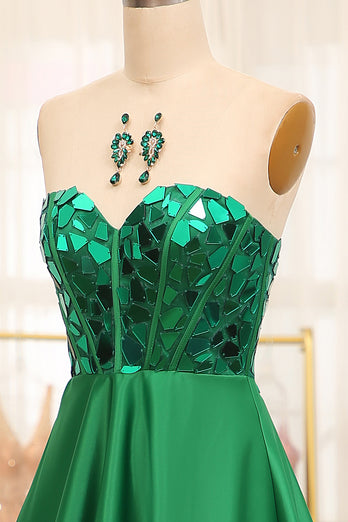Dark Green Sparkly A-line Strapless Corset Prom Dress