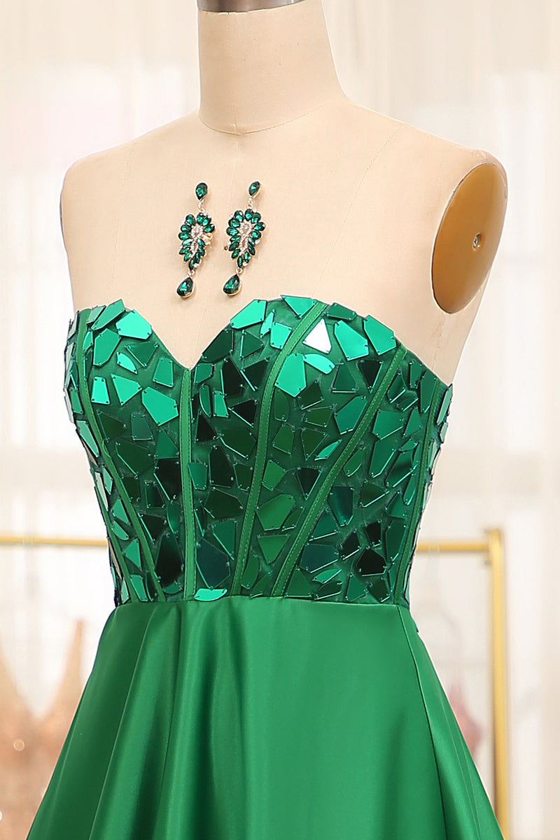 Load image into Gallery viewer, Dark Green Sparkly A-line Strapless Corset Prom Dress