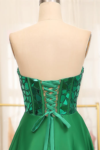Dark Green Sparkly A-line Strapless Corset Prom Dress