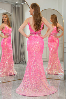 Fuchsia Mermaid Spaghetti Straps Sequin Prom Dress