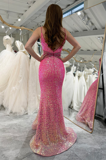 Mermaid Fuchsia Spaghetti Straps Sequin Prom Dress