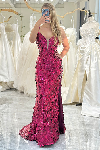 Fuchsia Mermaid Spaghetti Straps Sequin Long Prom Dress with Slit