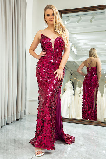 Sparkly Fuchsia Mermaid Spaghetti Straps Sequin Long Prom Dress with Slit