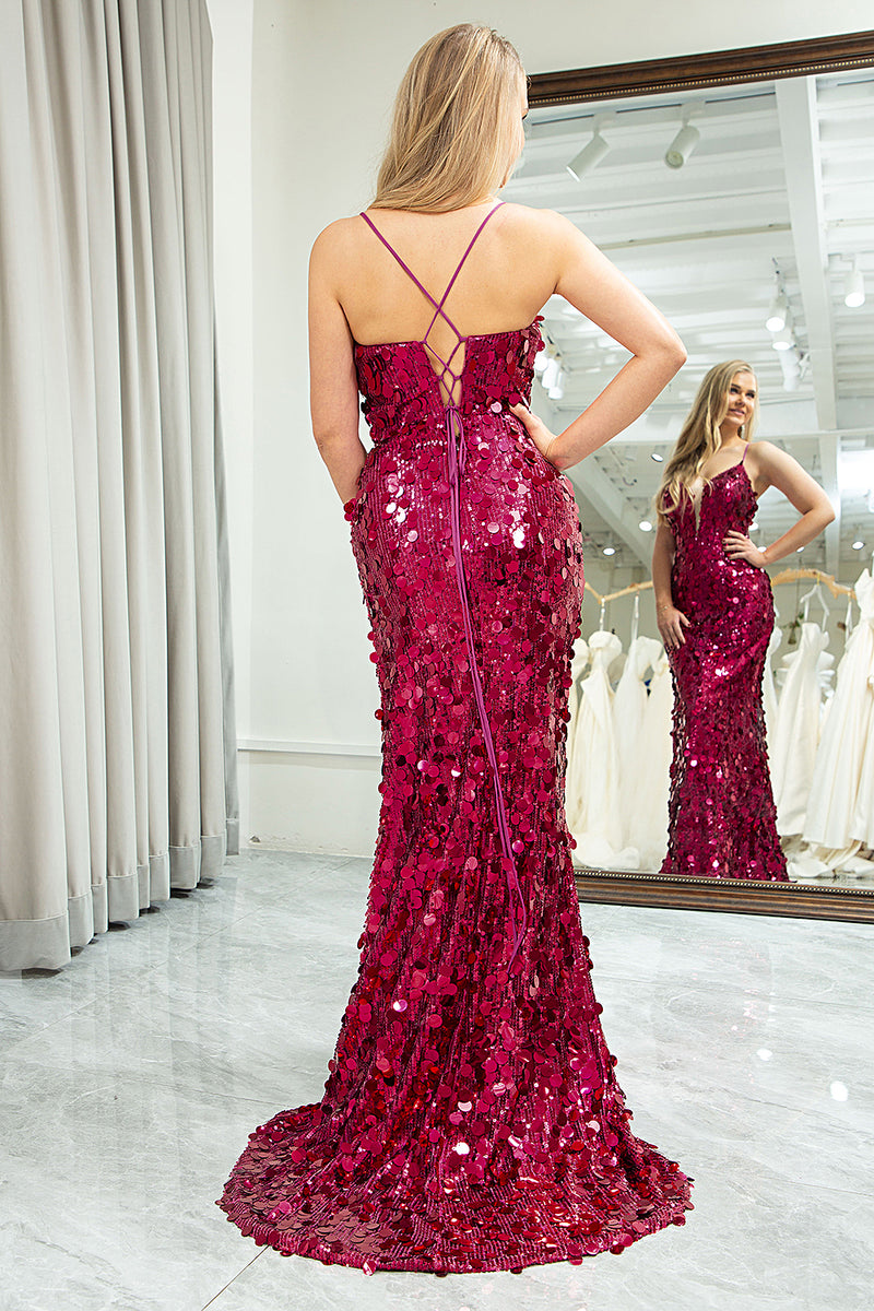Load image into Gallery viewer, Sparkly Fuchsia Mermaid Spaghetti Straps Sequin Long Prom Dress with Slit