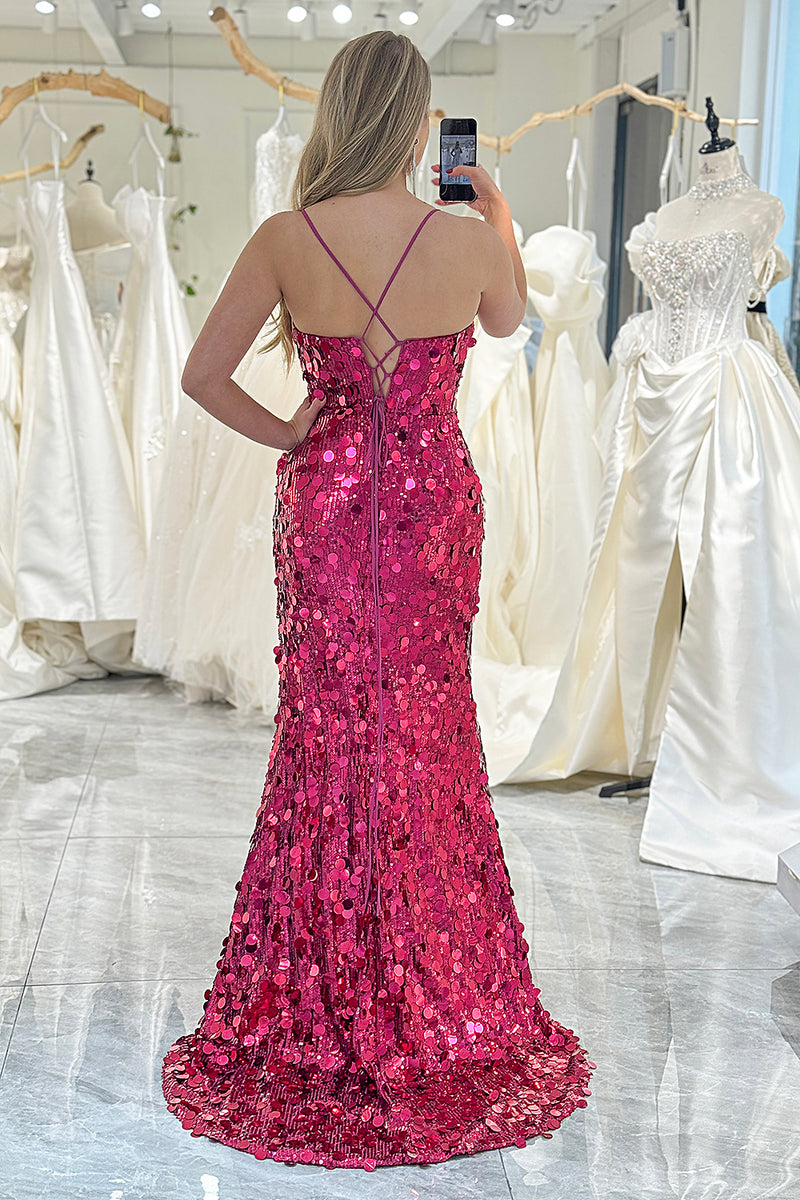Load image into Gallery viewer, Fuchsia Mermaid Spaghetti Straps Sequin Long Prom Dress with Slit