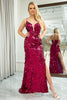 Load image into Gallery viewer, Sparkly Fuchsia Mermaid Spaghetti Straps Sequin Long Prom Dress with Slit