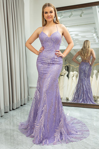 Mermaid Lilac Spaghetti Straps Beaded Long Prom Dress