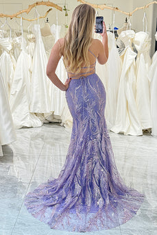 Lilac Mermaid Spaghetti Straps Beaded Long Prom Dress