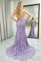 Load image into Gallery viewer, Mermaid Lilac Spaghetti Straps Beaded Long Prom Dress