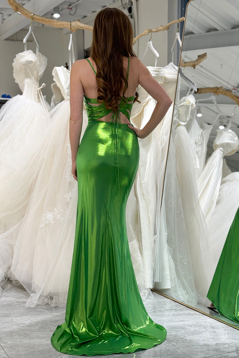 Load image into Gallery viewer, Mermaid Green Spaghetti Straps Long Prom Dress with Slit