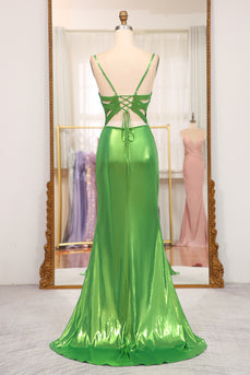 Mermaid Green Spaghetti Straps Prom Dress with Slit