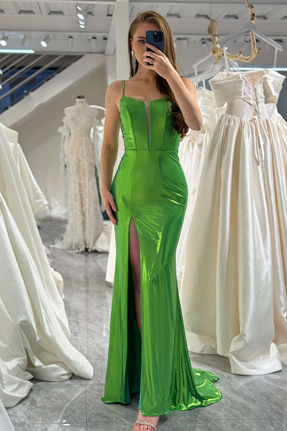 Mermaid Green Spaghetti Straps Long Prom Dress with Slit
