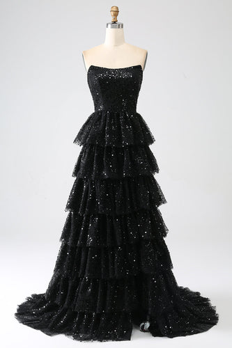 A-Line Sequins Black Tiered Prom Dress with Slit