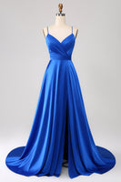 Load image into Gallery viewer, Royal Blue A Line Spaghetti Straps Satin Prom Dress with Slit