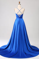 Load image into Gallery viewer, Royal Blue A Line Spaghetti Straps Satin Prom Dress with Slit