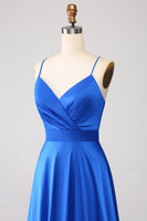 Load image into Gallery viewer, Royal Blue A Line Spaghetti Straps Satin Prom Dress with Slit