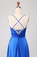 Load image into Gallery viewer, Royal Blue A Line Spaghetti Straps Satin Prom Dress with Slit