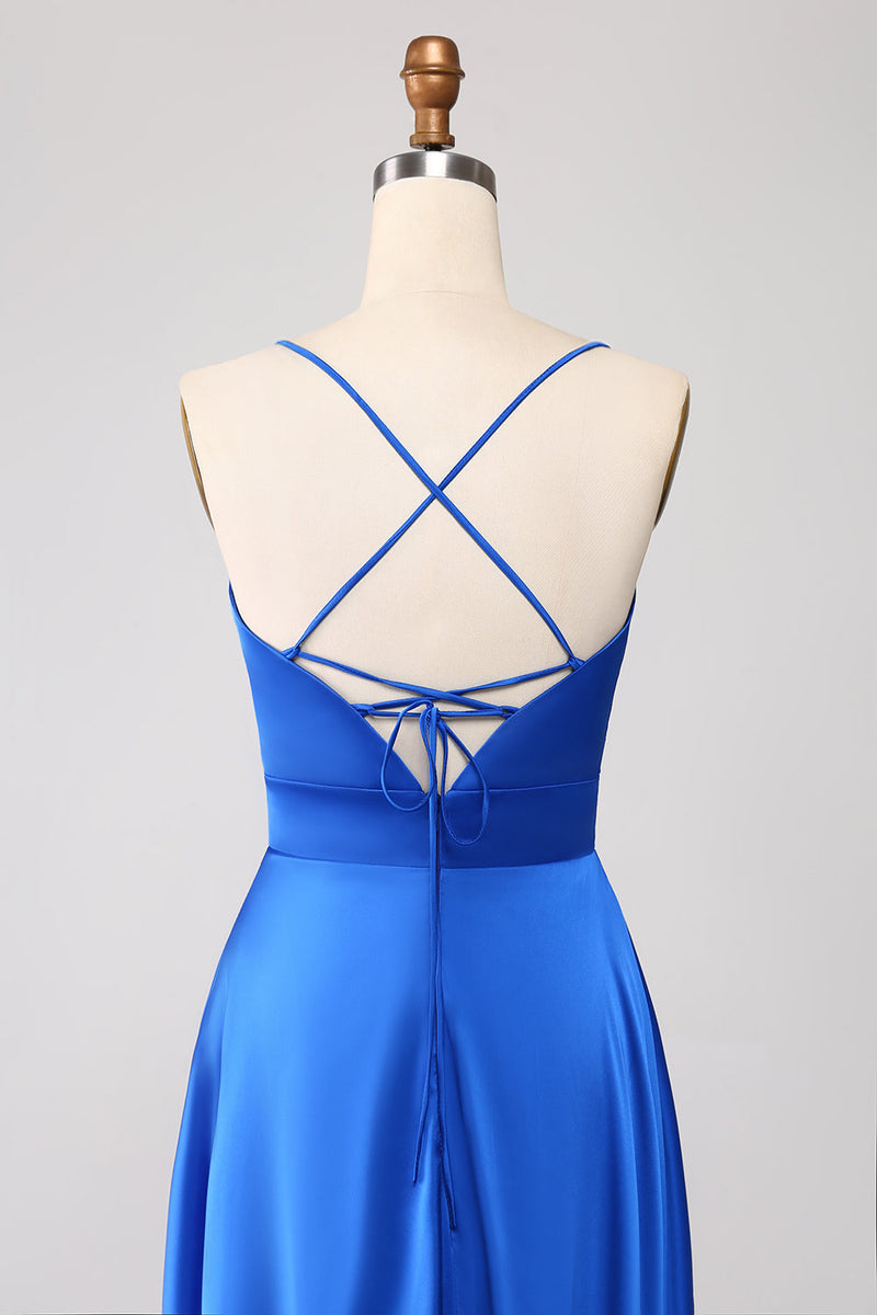 Load image into Gallery viewer, Royal Blue A Line Spaghetti Straps Satin Prom Dress with Slit