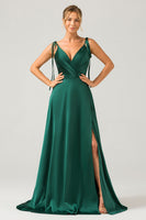 Load image into Gallery viewer, Dark Green A-Line Spaghetti Straps Ruched Long Bridesmaid Dress with Slit