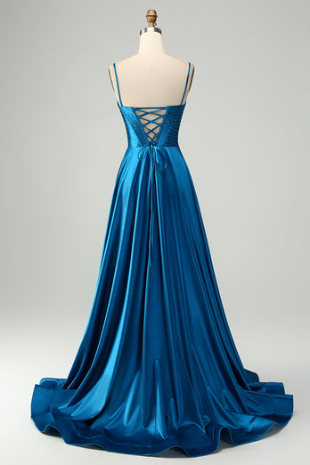 Sparkly Dark Blue Satin Corset Prom Dress with Beading