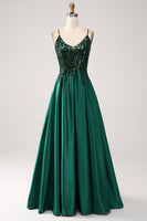 Load image into Gallery viewer, Sequins Dark Green A-Line Spaghetti Straps Long Prom Dress