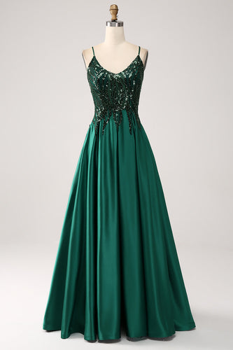 Sequins Dark Green A-Line Spaghetti Straps Long Prom Dress