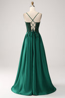 Load image into Gallery viewer, Sequins Dark Green A-Line Spaghetti Straps Long Prom Dress