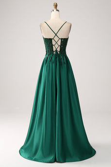Sequins Dark Green A-Line Spaghetti Straps Long Prom Dress