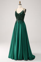 Load image into Gallery viewer, Sequins Dark Green A-Line Spaghetti Straps Long Prom Dress