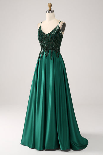 Sequins Dark Green A-Line Spaghetti Straps Long Prom Dress