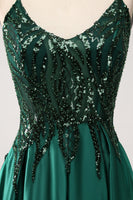 Load image into Gallery viewer, Sequins Dark Green A-Line Spaghetti Straps Long Prom Dress