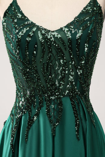 Sequins Dark Green A-Line Spaghetti Straps Long Prom Dress