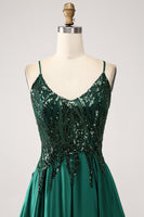Load image into Gallery viewer, Sequins Dark Green A-Line Spaghetti Straps Long Prom Dress