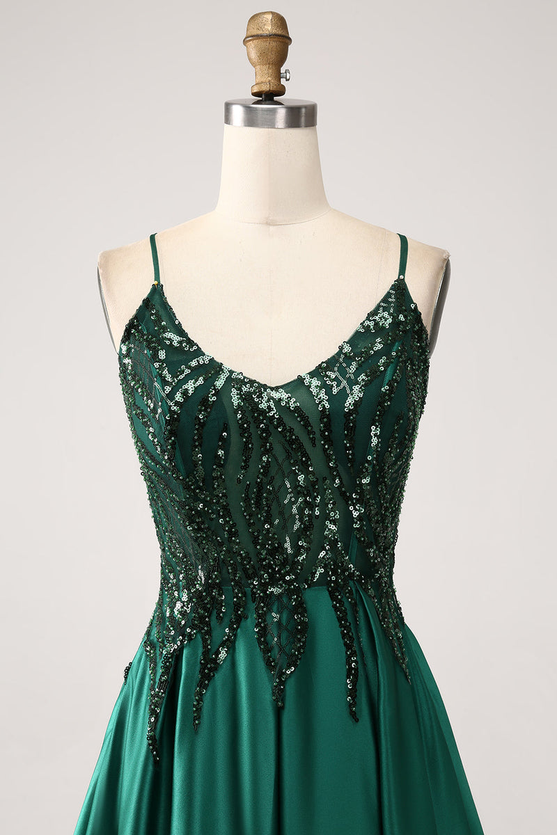 Load image into Gallery viewer, Sequins Dark Green A-Line Spaghetti Straps Long Prom Dress