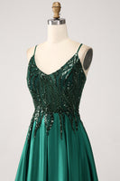 Load image into Gallery viewer, Sequins Dark Green A-Line Spaghetti Straps Long Prom Dress