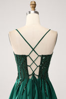 Load image into Gallery viewer, Sequins Dark Green A-Line Spaghetti Straps Long Prom Dress