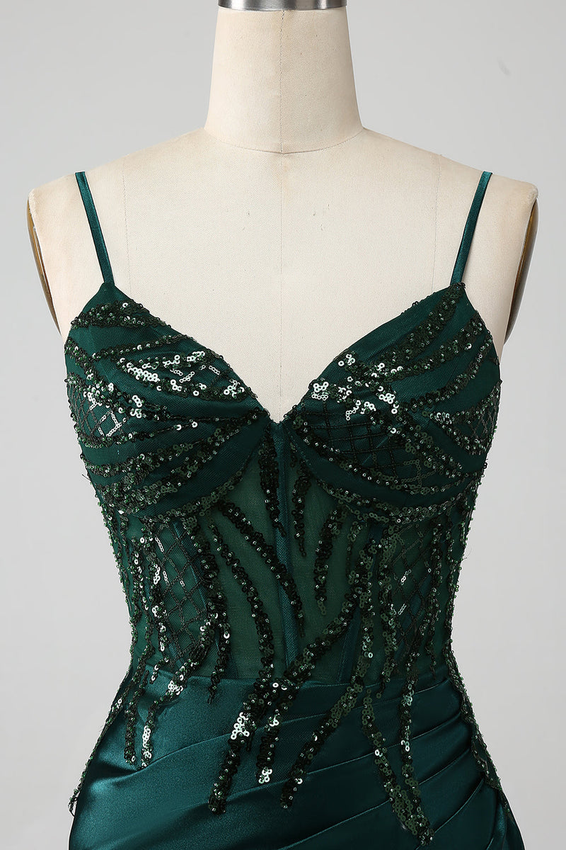 Load image into Gallery viewer, Sparkly Dark Green Mermaid Sequin Pleated Corset Prom Dress With Slit