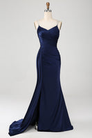 Load image into Gallery viewer, Navy Mermaid Spaghetti Straps Pleated Corset Long Prom Dress With Slit