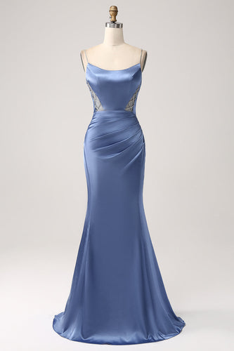 Mermaid Grey Blue Satin Spaghetti Straps Pleated Long Prom Dress