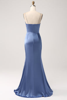 Mermaid Grey Blue Satin Spaghetti Straps Pleated Long Prom Dress