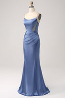 Load image into Gallery viewer, Mermaid Grey Blue Satin Spaghetti Straps Pleated Long Prom Dress