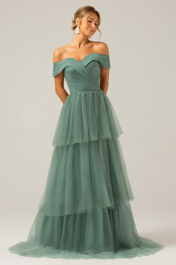 Grey Green Tulle A Line Off the Shoulder Tiered Bridesmaid Dress