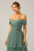 Load image into Gallery viewer, Grey Green Tulle A Line Off the Shoulder Tiered Bridesmaid Dress